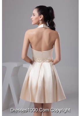 Champagne Mini-length Halter Prom Evening Dress with Beading