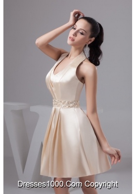 Champagne Mini-length Halter Prom Evening Dress with Beading