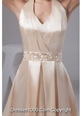 Champagne Mini-length Halter Prom Evening Dress with Beading