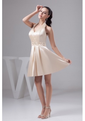 Champagne Mini-length Halter Prom Evening Dress with Beading