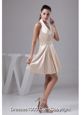 Champagne Mini-length Halter Prom Evening Dress with Beading