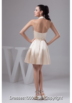 Champagne Mini-length Halter Prom Evening Dress with Beading