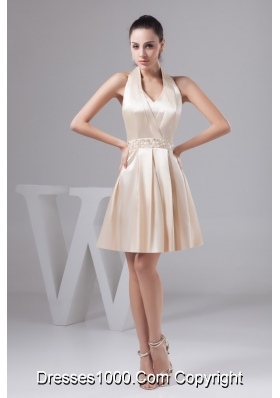 Champagne Mini-length Halter Prom Evening Dress with Beading