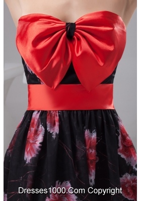 Chiffon Print Strapless Black and Red Prom Dress with Big Bowknot