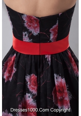 Chiffon Print Strapless Black and Red Prom Dress with Big Bowknot