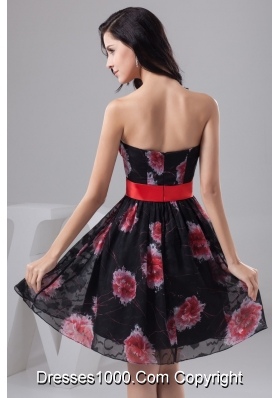 Chiffon Print Strapless Black and Red Prom Dress with Big Bowknot