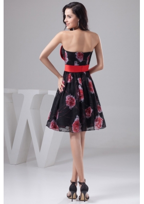 Chiffon Print Strapless Black and Red Prom Dress with Big Bowknot