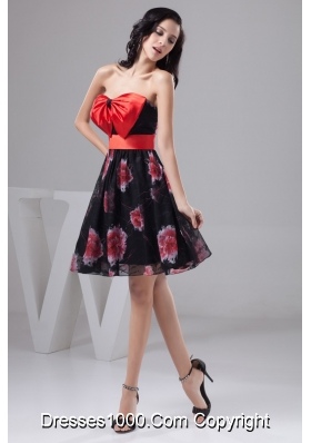 Chiffon Print Strapless Black and Red Prom Dress with Big Bowknot