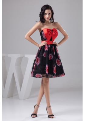 Chiffon Print Strapless Black and Red Prom Dress with Big Bowknot