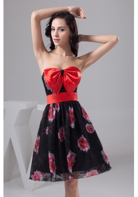 Chiffon Print Strapless Black and Red Prom Dress with Big Bowknot