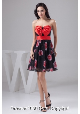 Chiffon Print Strapless Black and Red Prom Dress with Big Bowknot