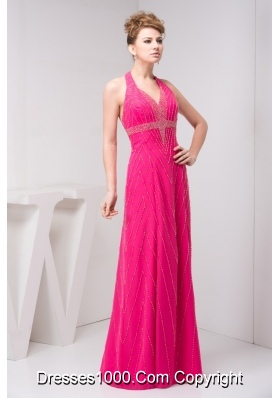 Column Hot Pink Halter Top Beaded Prom Dress with the Back Out