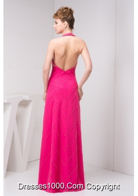 Column Hot Pink Halter Top Beaded Prom Dress with the Back Out