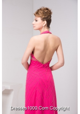 Column Hot Pink Halter Top Beaded Prom Dress with the Back Out