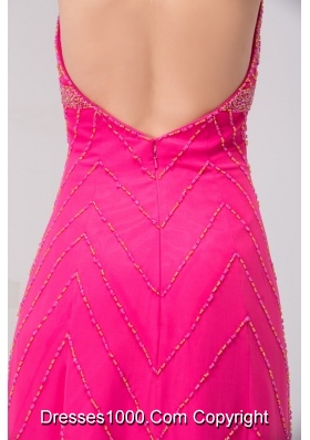 Column Hot Pink Halter Top Beaded Prom Dress with the Back Out