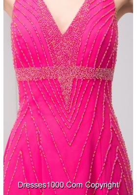 Column Hot Pink Halter Top Beaded Prom Dress with the Back Out