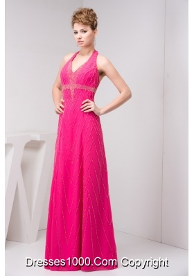 Column Hot Pink Halter Top Beaded Prom Dress with the Back Out