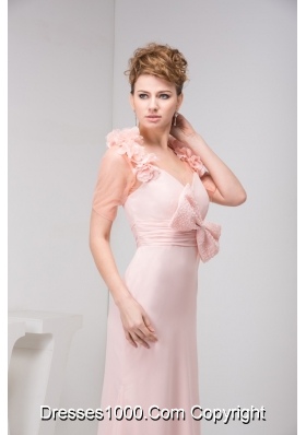 Column V-neck Brush/Sweep Train Pink Prom Dress with Bowknot