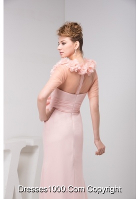 Column V-neck Brush/Sweep Train Pink Prom Dress with Bowknot