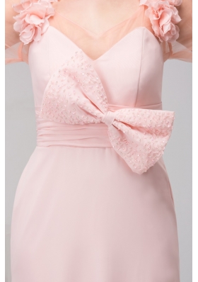 Column V-neck Brush/Sweep Train Pink Prom Dress with Bowknot