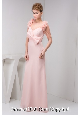 Column V-neck Brush/Sweep Train Pink Prom Dress with Bowknot