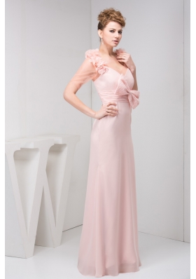 Column V-neck Brush/Sweep Train Pink Prom Dress with Bowknot