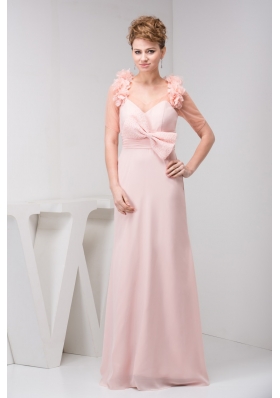 Column V-neck Brush/Sweep Train Pink Prom Dress with Bowknot