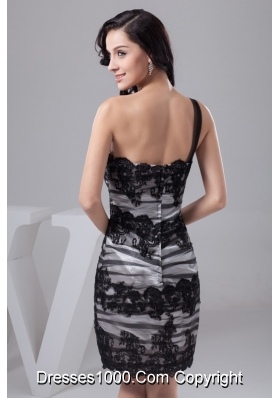 Satin Tulle One Shoulder Black and White Prom Dress with Appliques