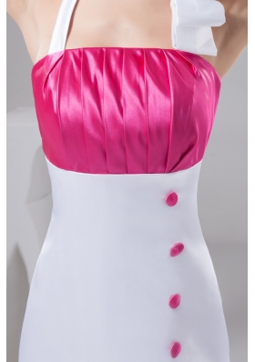 Taffeta Halter Top Ruched Prom Dress in Hot Pink and White