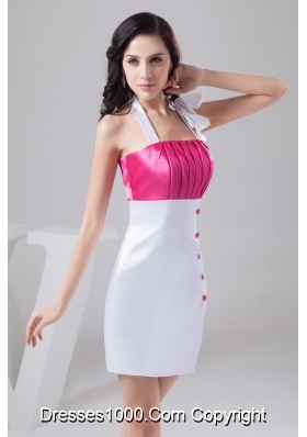 Taffeta Halter Top Ruched Prom Dress in Hot Pink and White