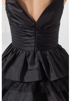 Taffeta Plunging V-neck Knee-length Ruffle-layers Black Prom Dress