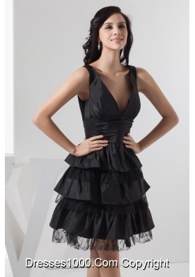 Taffeta Plunging V-neck Knee-length Ruffle-layers Black Prom Dress