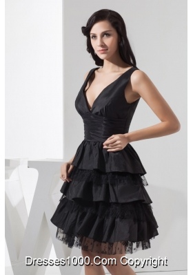 Taffeta Plunging V-neck Knee-length Ruffle-layers Black Prom Dress