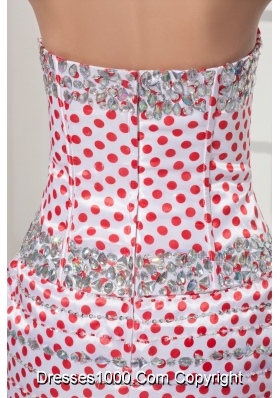 Beaded White Mini-length Prom Homecoming Dress with Red Polka Dots