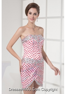 Beaded White Mini-length Prom Homecoming Dress with Red Polka Dots