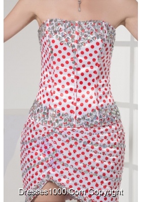 Beaded White Mini-length Prom Homecoming Dress with Red Polka Dots