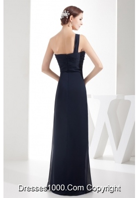 Column One Shoulder Navy Blue Chiffon Prom Gowns with Ruching