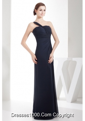 Column One Shoulder Navy Blue Chiffon Prom Gowns with Ruching