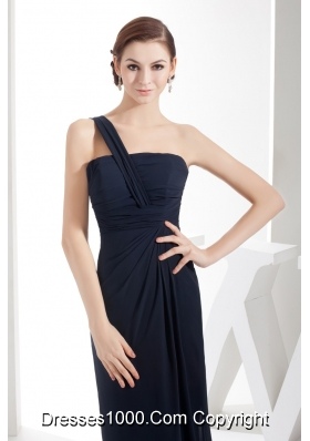 Column One Shoulder Navy Blue Chiffon Prom Gowns with Ruching