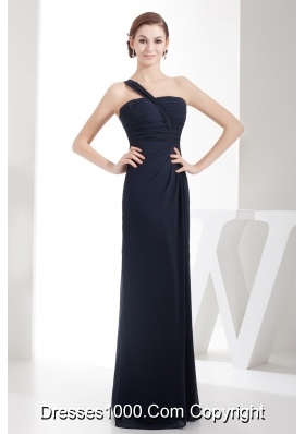 Column One Shoulder Navy Blue Chiffon Prom Gowns with Ruching