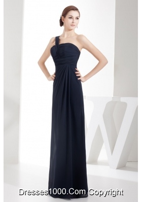 Column One Shoulder Navy Blue Chiffon Prom Gowns with Ruching