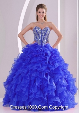 2014 Ball Gown Sweetheart Blue Quinceanera Gowns with Ruffles and Beading