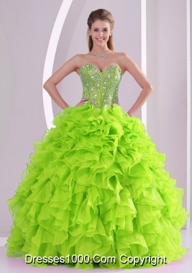 Best Seller Spring Green Sweetheart Ruffles and Beading 2014 Quinceanera Dresses