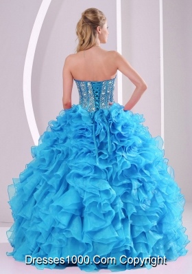 Blue Sweetheart Organza 2014 Quinceanera Gowns with Fitted Waist