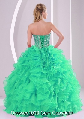 Green Ball Gown Sweetheart Ruffles and Beading Long Quinceanera Gowns in Sweet 16