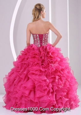 Hot Pink Ball Gown Sweetheart Ruffles and Beading Long Organza Quinceanera Gowns