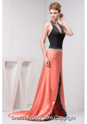 Black and Orange Halter V Neck High Low Prom Dress Evening Gowns with Beaded Details