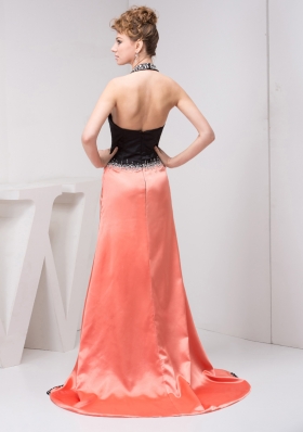 Black and Orange Halter V Neck High Low Prom Dress Evening Gowns with Beaded Details