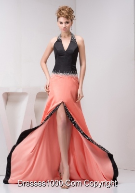 Black and Orange Halter V Neck High Low Prom Dress Evening Gowns with Beaded Details