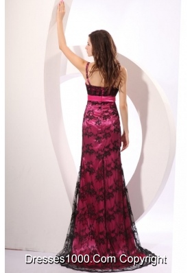 Column Embroidered Prom Dresses with Brush Train in Hot Pink